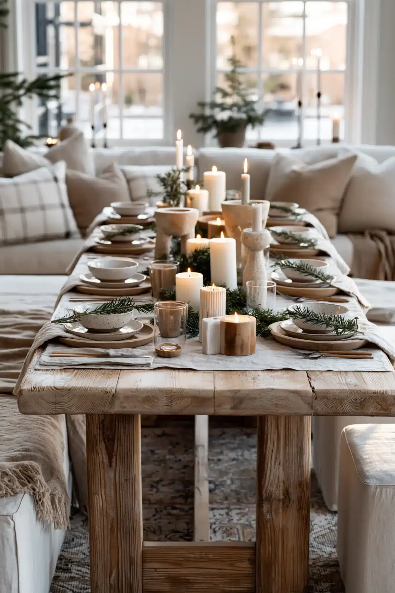 A Nordic-style Christmas table with light wood, candles, and simple neutral decor