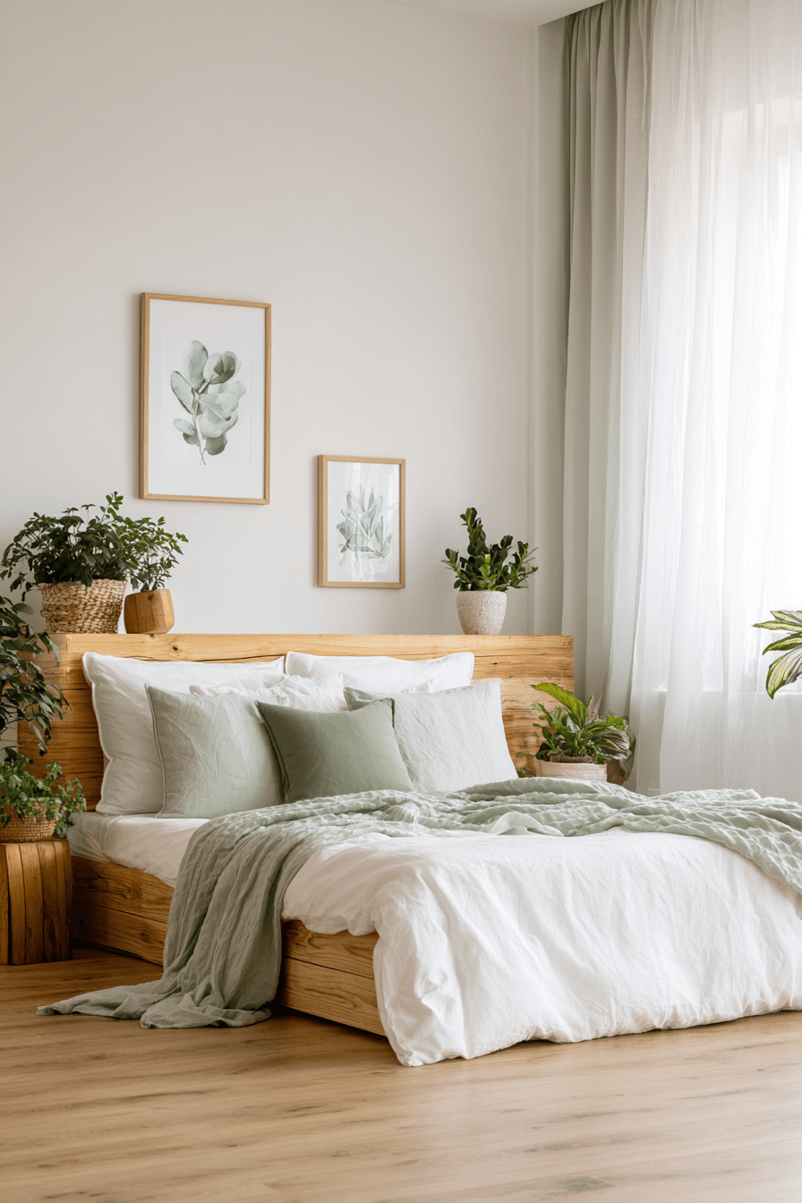 Scandinavian bedroom with white walls, pale wood furniture, and subtle green accents