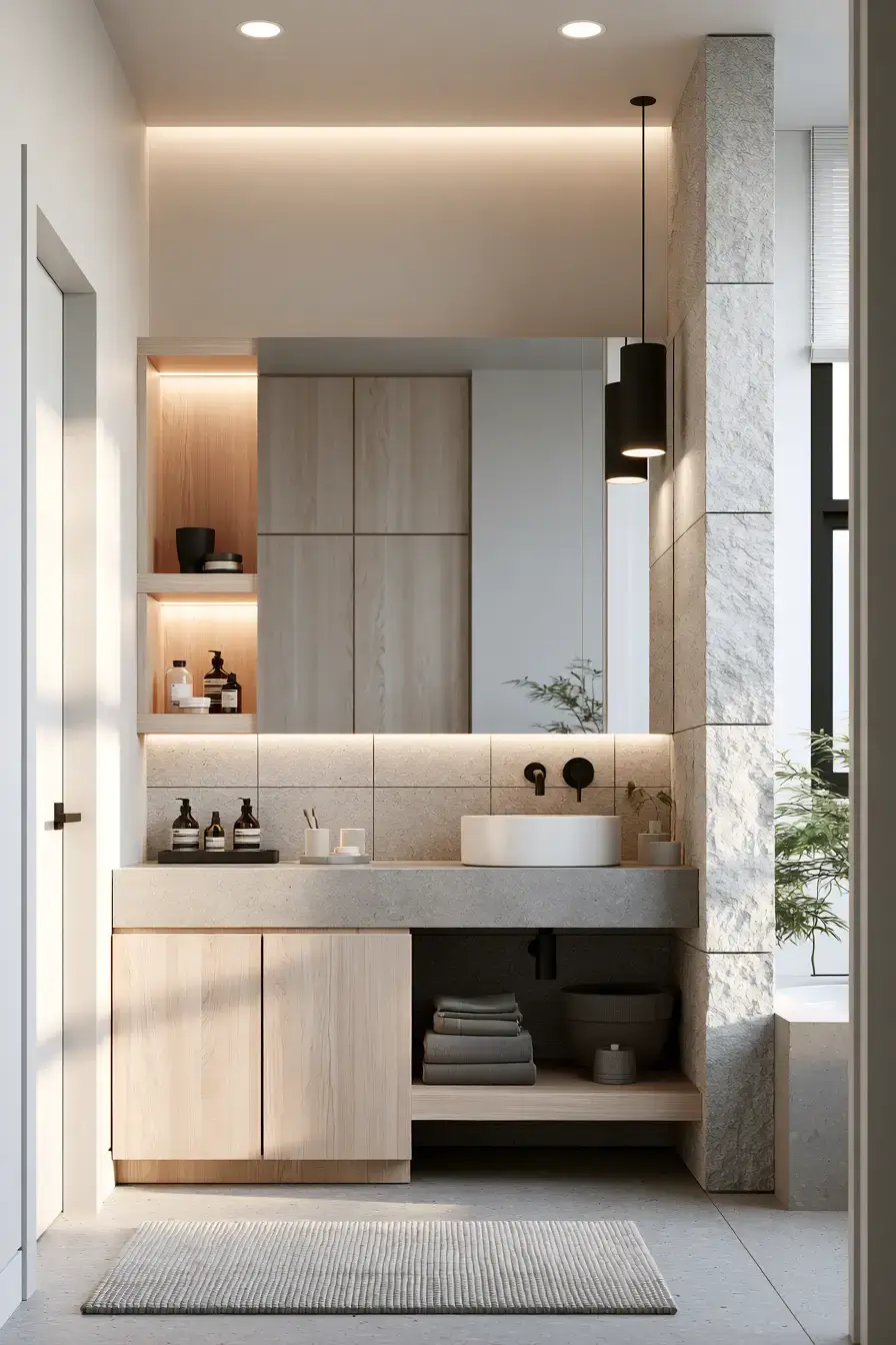 Balanced Japandi bathroom blending light wood, clean lines, and subtle dark accents