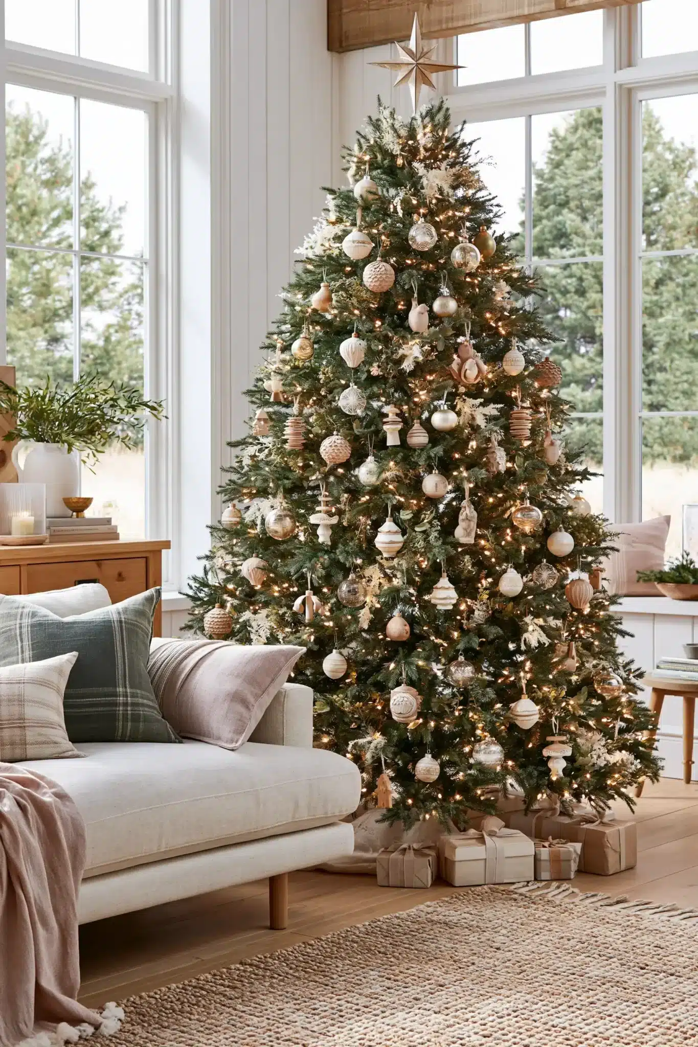 Nordic minimalist Christmas tree with natural materials and simple neutral ornaments