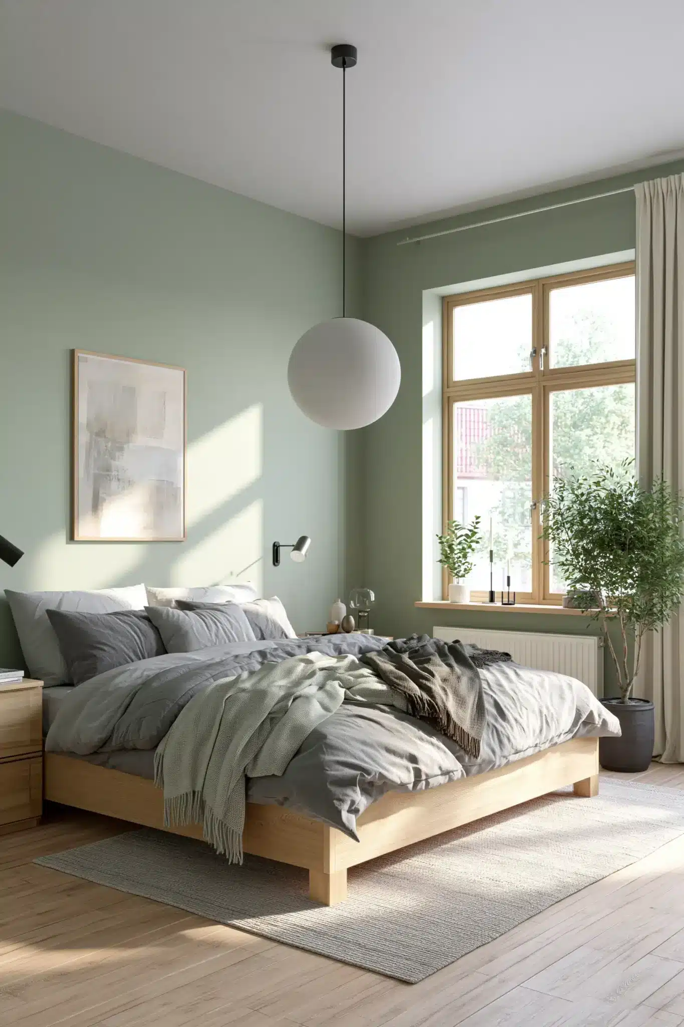 Scandinavian-inspired sage green and grey bedroom with simple furniture and soft cozy layers