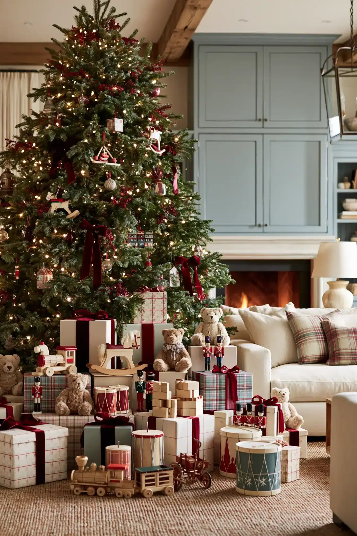 Nostalgic Christmas decor with wooden toys and classic holiday colors.