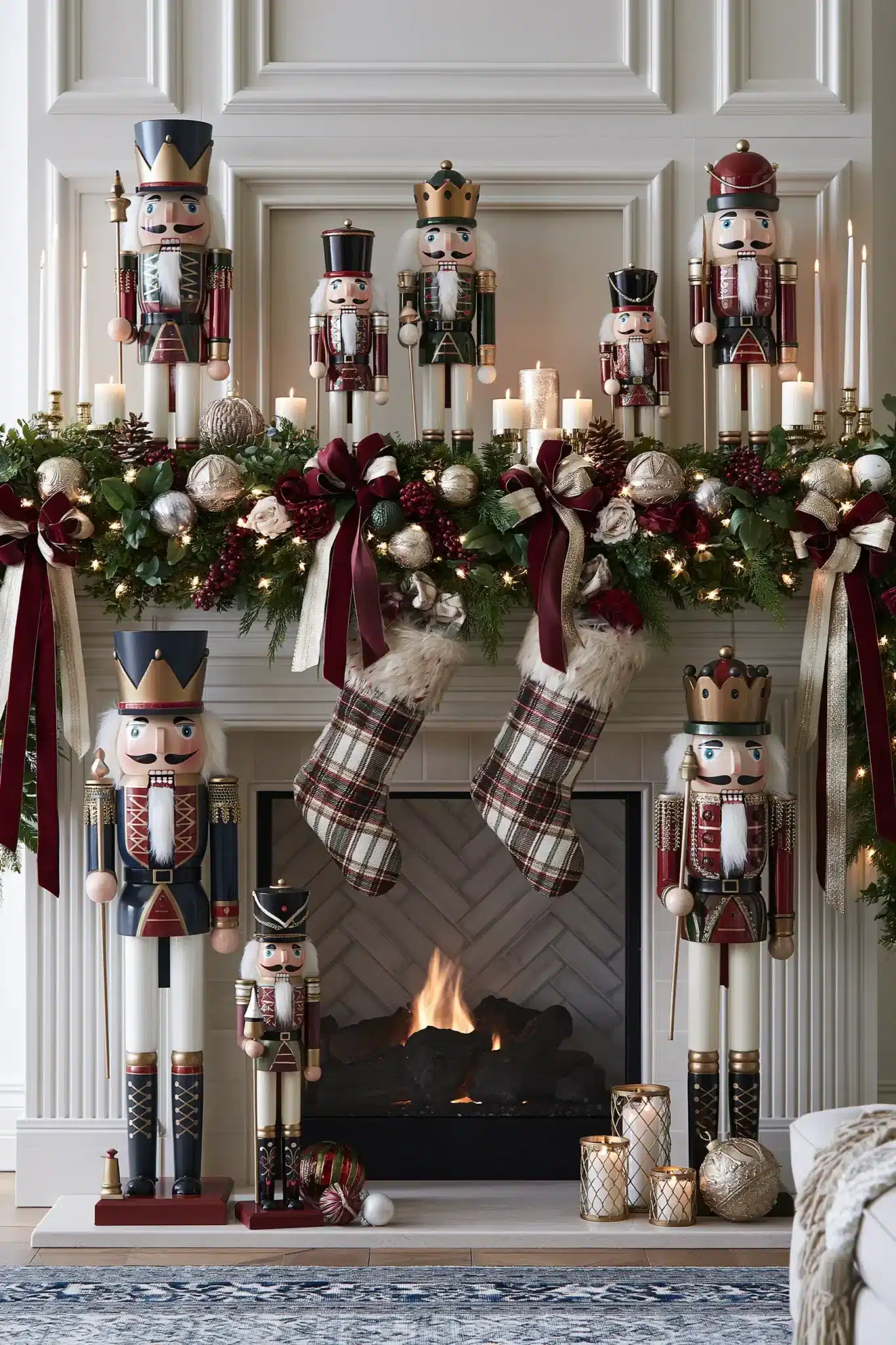A festive fireplace mantel decorated with nutcrackers, garland, and holiday accents.