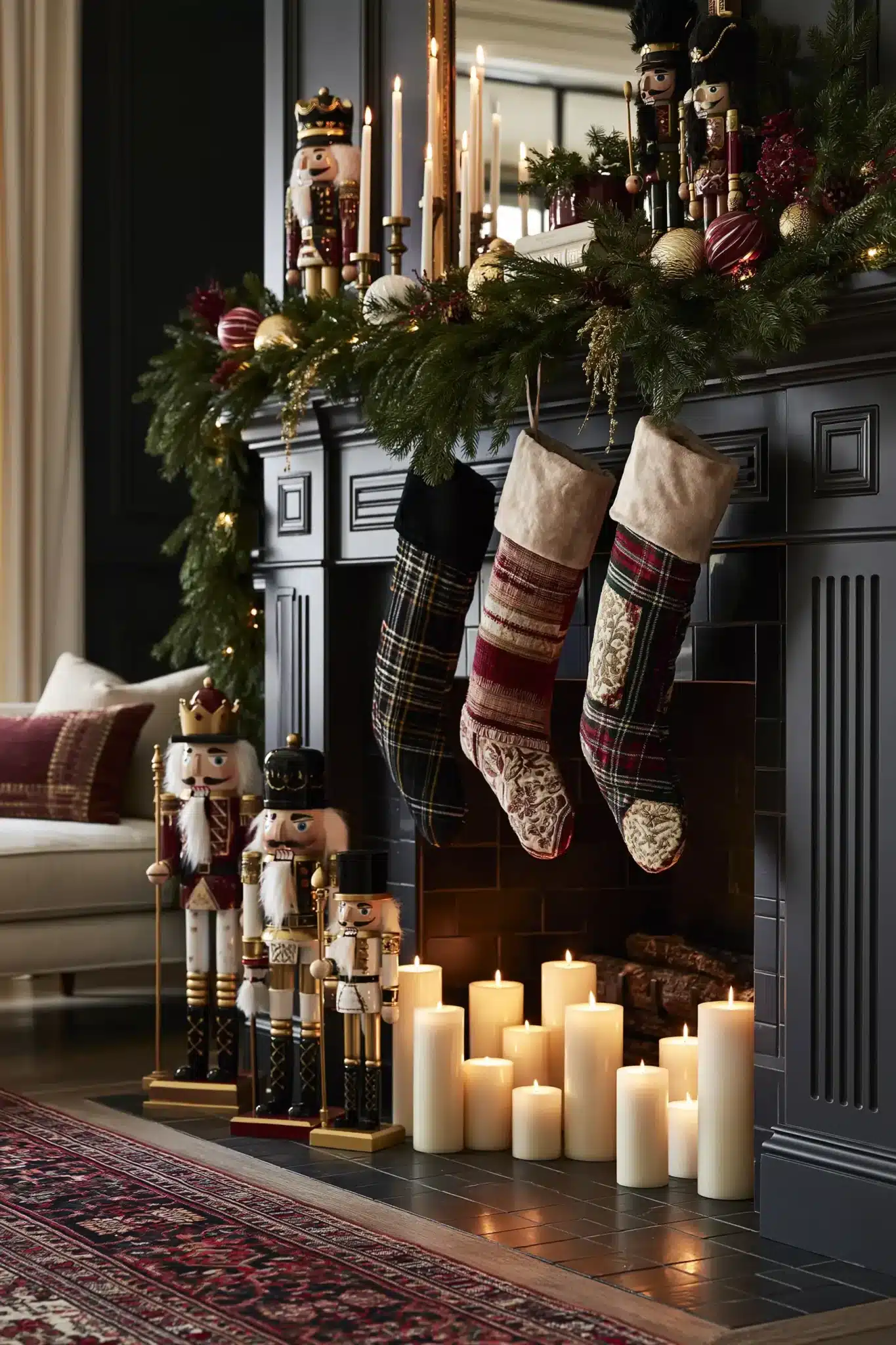 Nutcracker Christmas mantel with garland, candles, and festive ornaments