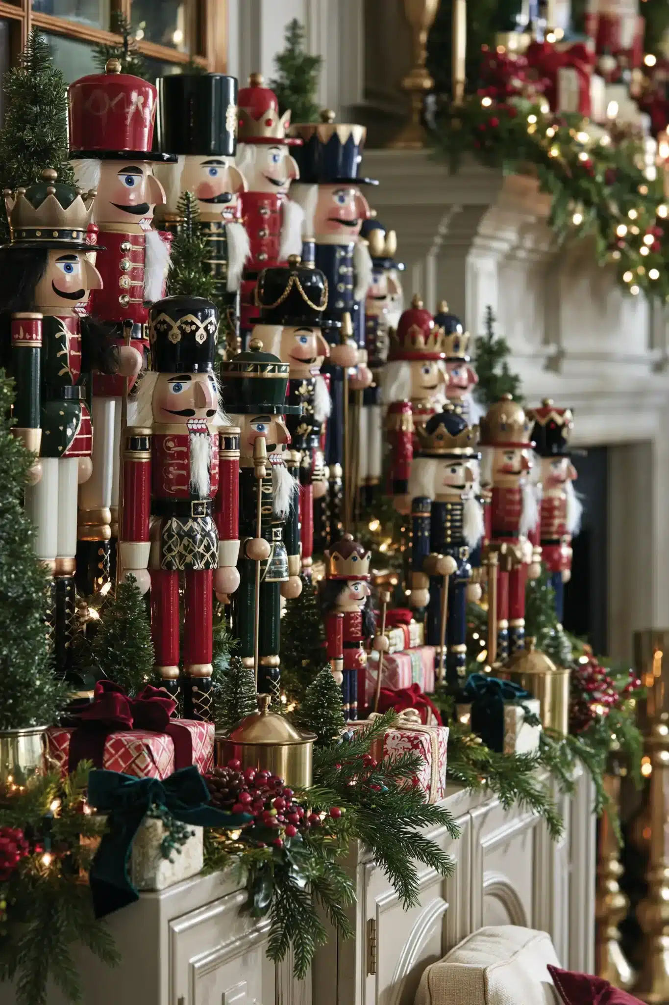 Traditional holiday display featuring decorative nutcracker figures and classic Christmas accents.