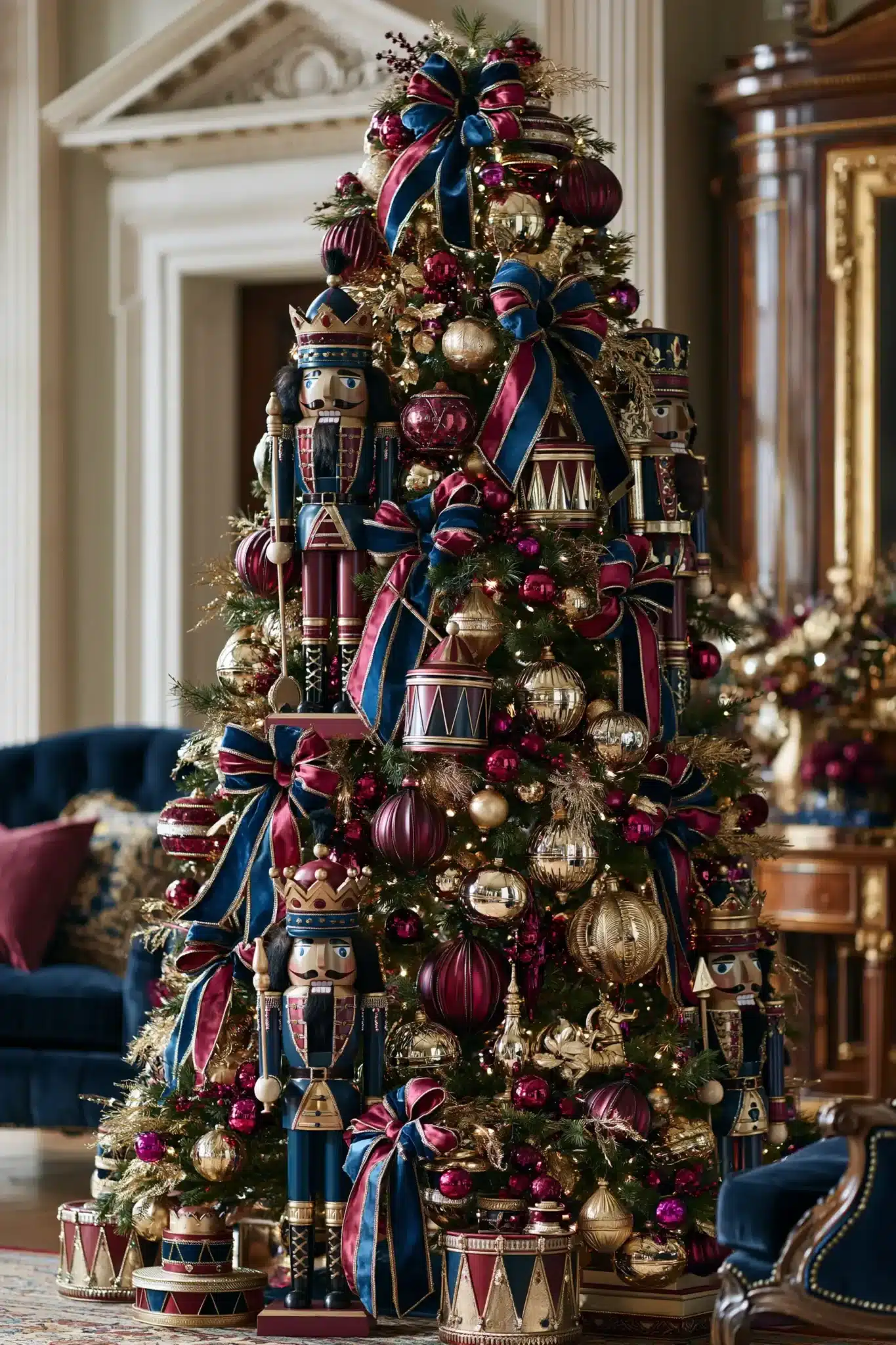 Nutcracker holiday tree with regal red, blue, and gold decorations