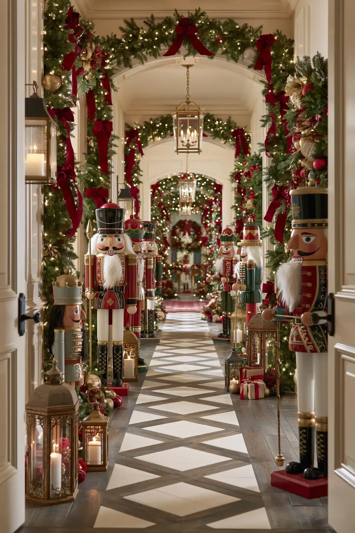 Festive hallway decorated with nutcracker figures, garland, and classic Christmas colors