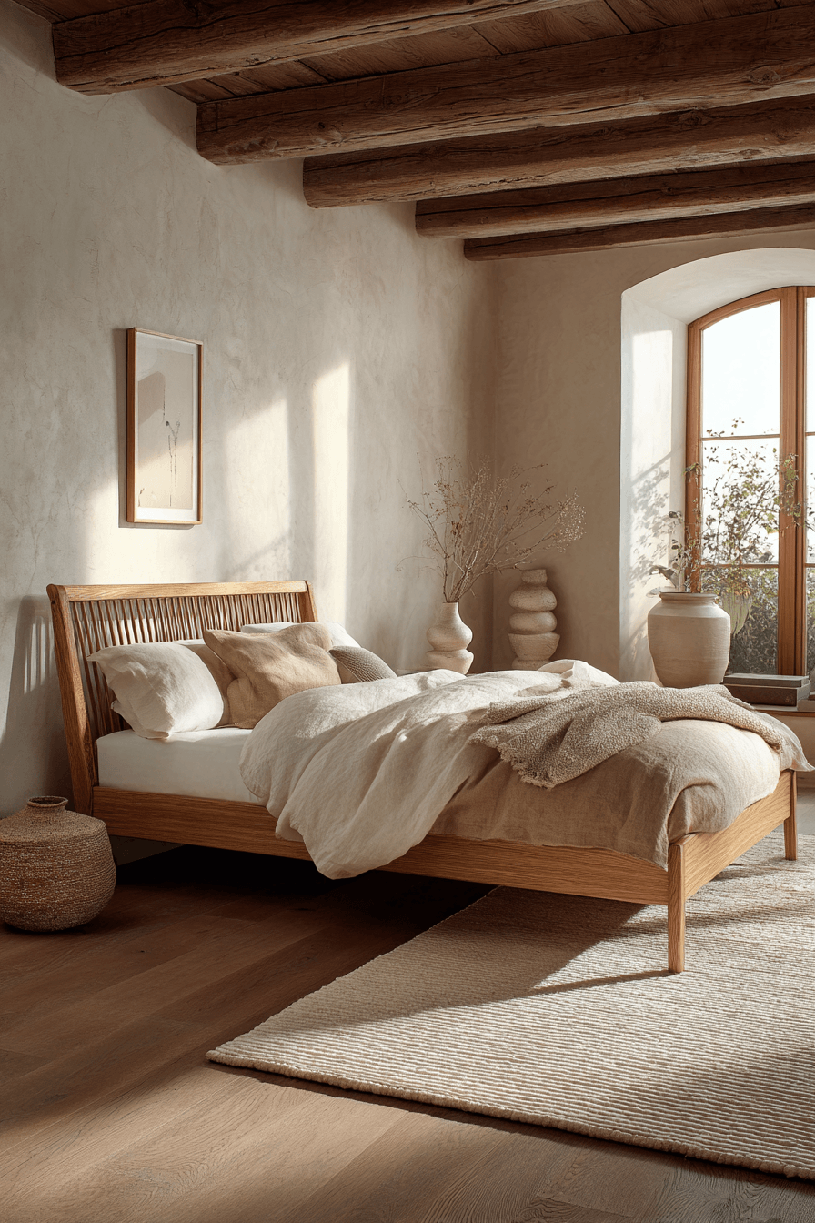 Warm minimalist bedroom with oak furniture and linen bedding in neutral tones