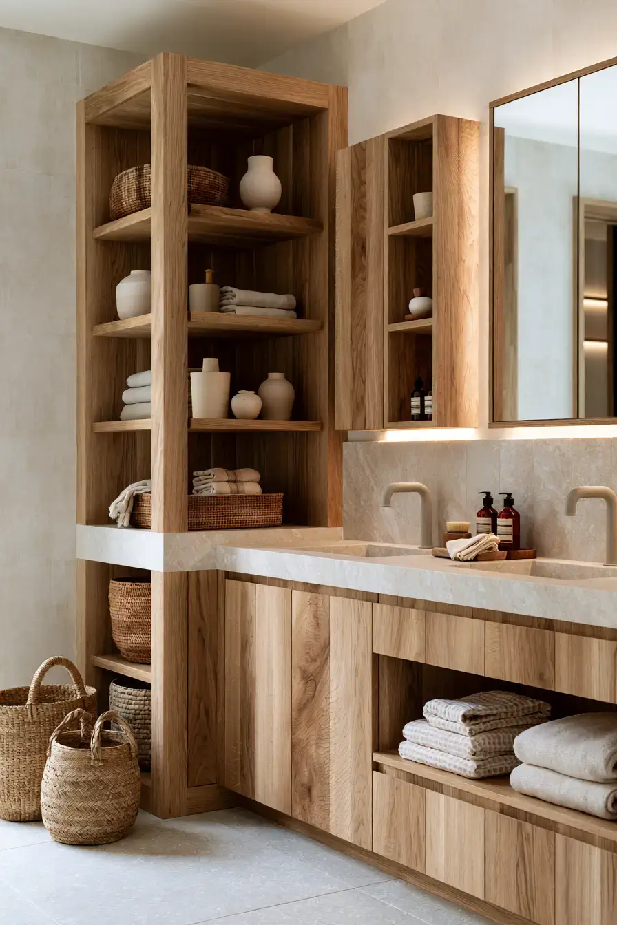 Japandi bathroom featuring warm oak cabinetry, matte fixtures, and soft stone textures