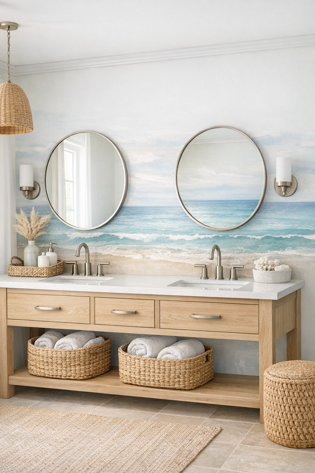 Ocean-themed bathroom with a large shoreline mural, light wood vanity, and calm coastal finishes