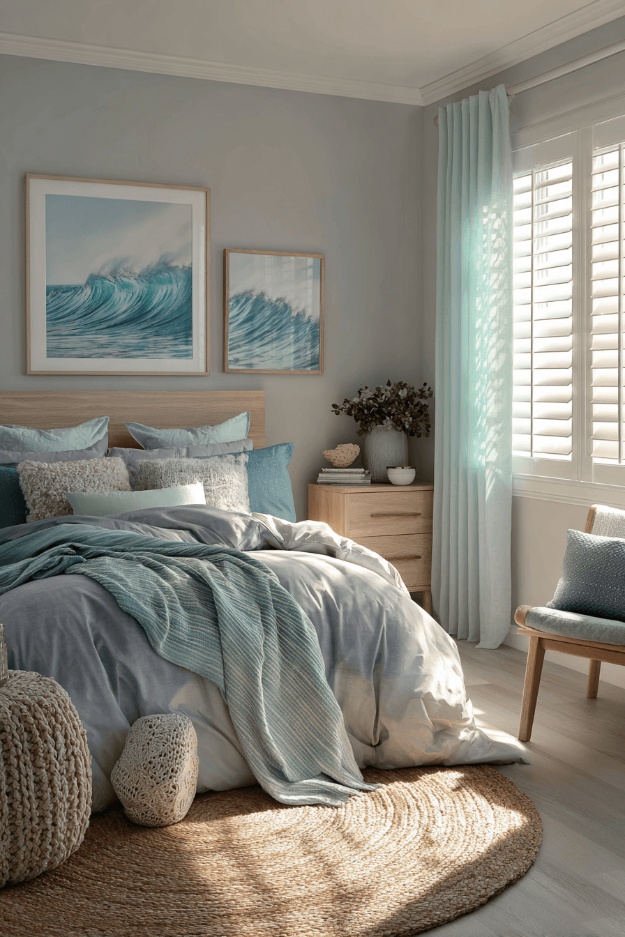 Beach theme bedroom using seafoam, blue-gray, and navy tones for a layered ocean look