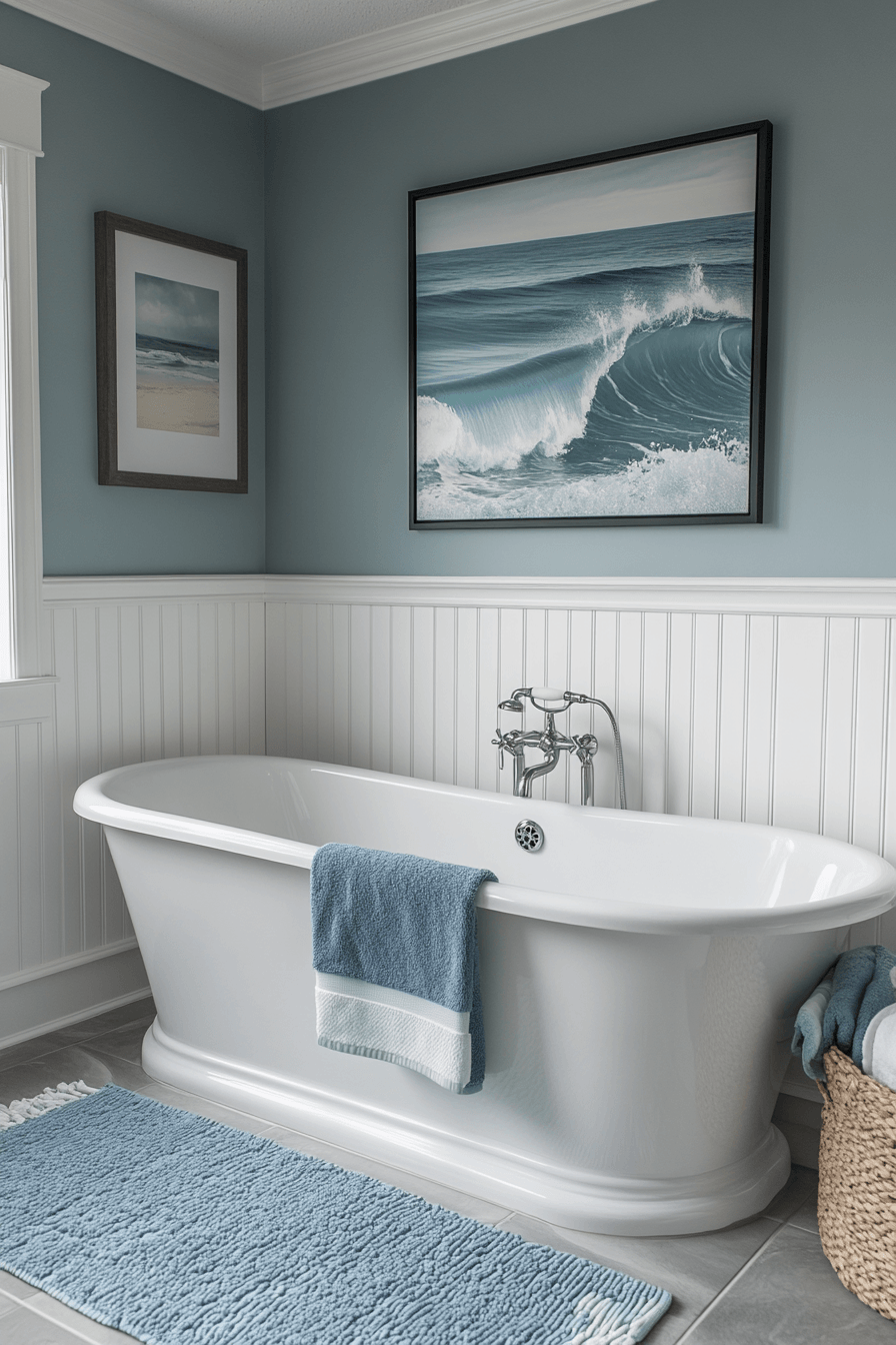 Coastal bathroom decorated with ocean-inspired artwork and subtle sea-themed accents