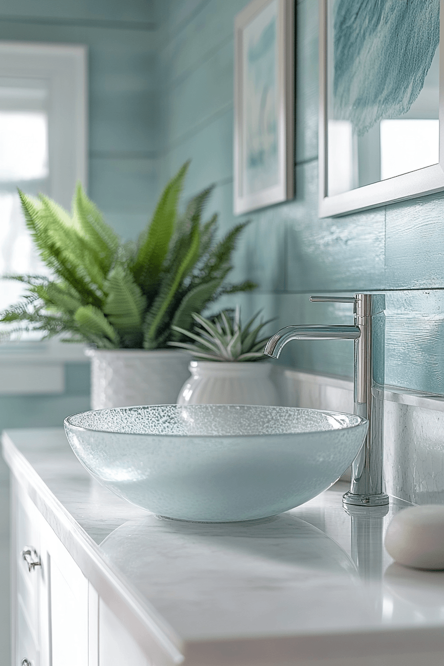 Ocean mist bathroom with gray-blue walls, white fixtures, and a rainfall shower