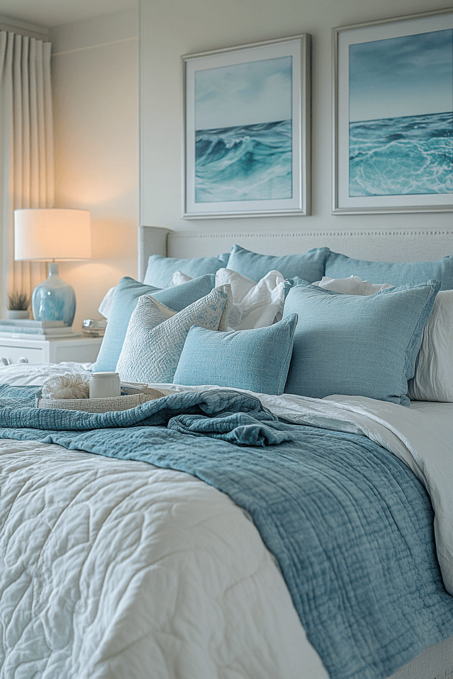 Ocean inspired bedroom with layered blue tones flowing fabrics and sea glass decor