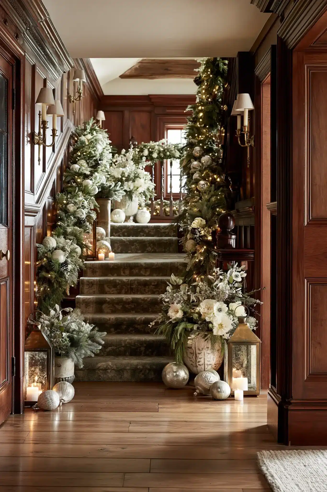 Classic hallway Christmas decor with vintage ornaments, wood tones, and brass accents