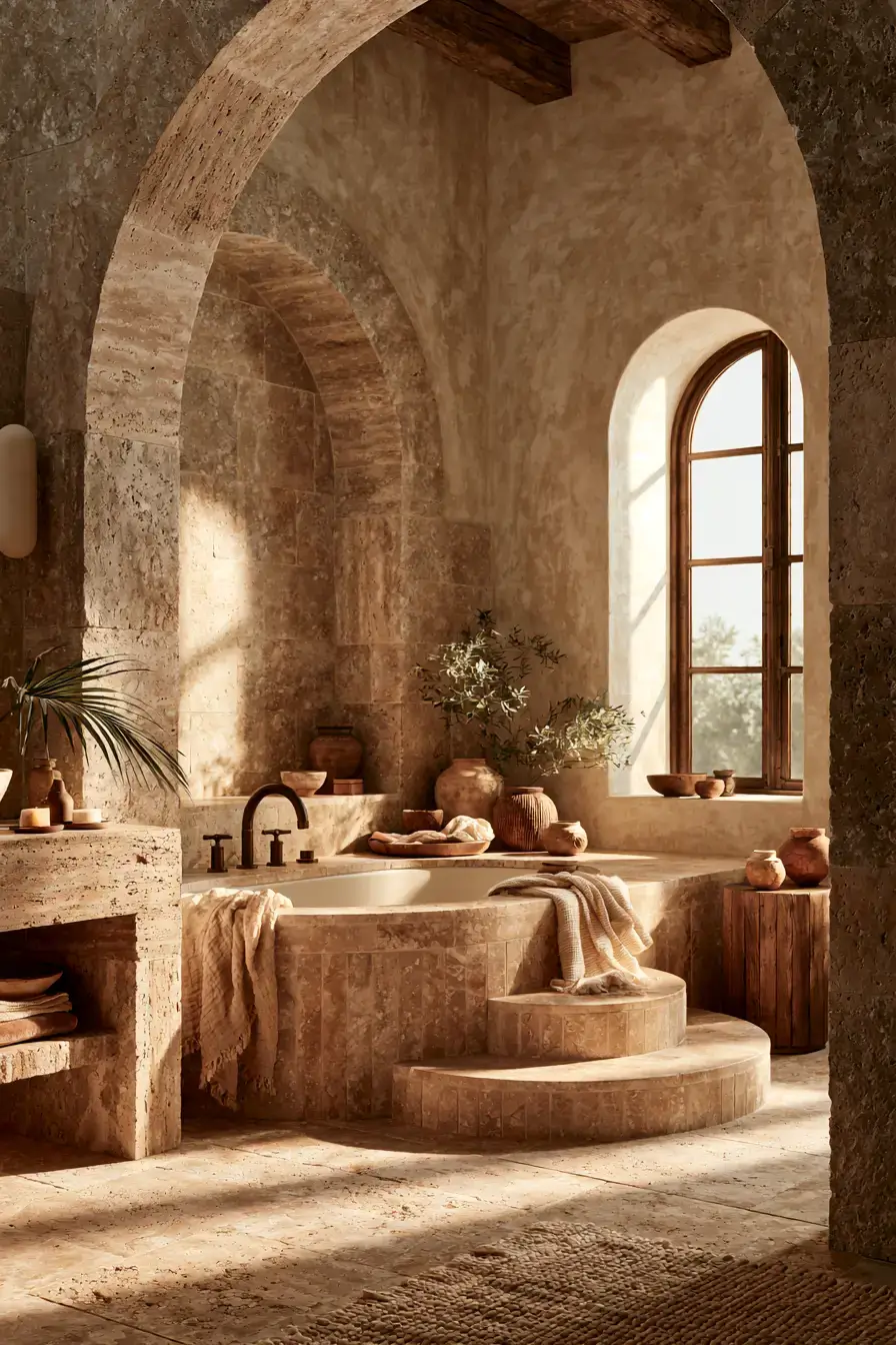 Mediterranean-inspired natural stone bathroom with travertine and bronze details