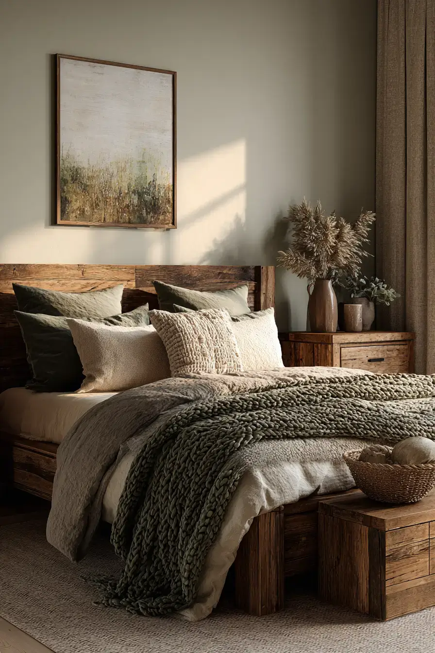 A cozy olive green boho bedroom corner with rustic wood and soft lighting
