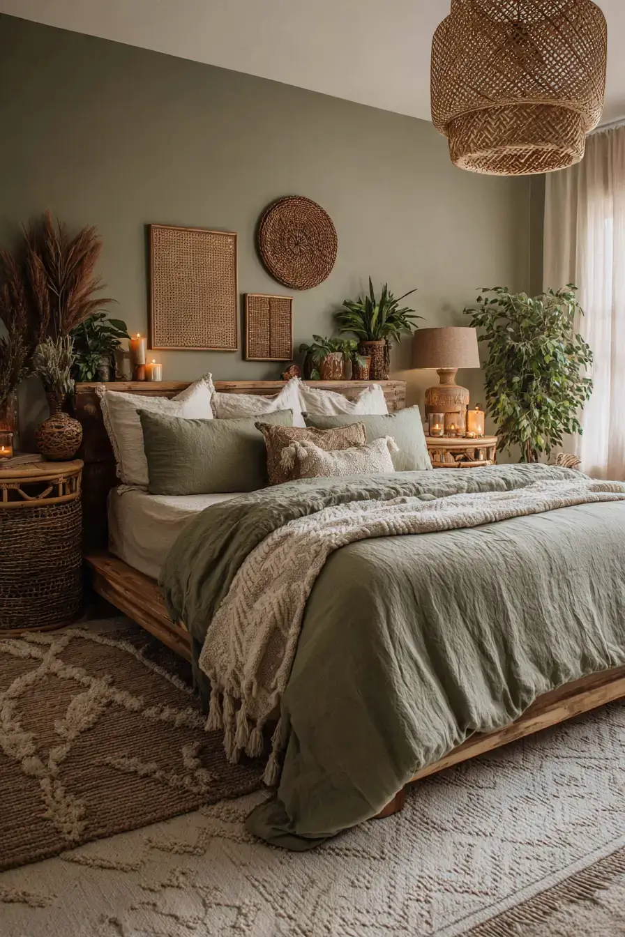 An olive green boho bedroom with vintage-inspired decor and layered textiles