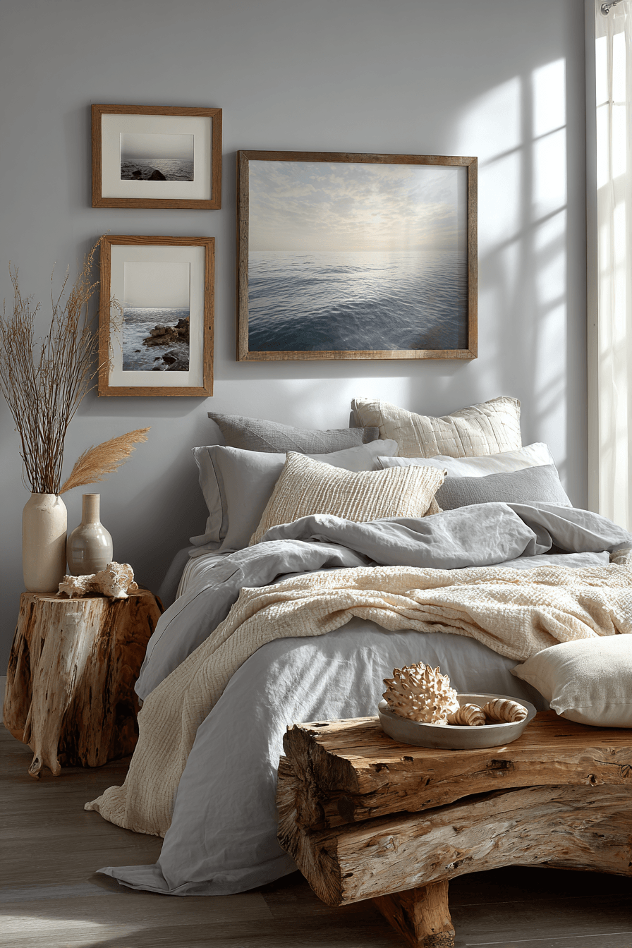 Calm bedroom inspired by the outdoors with soft sky tones and natural textures