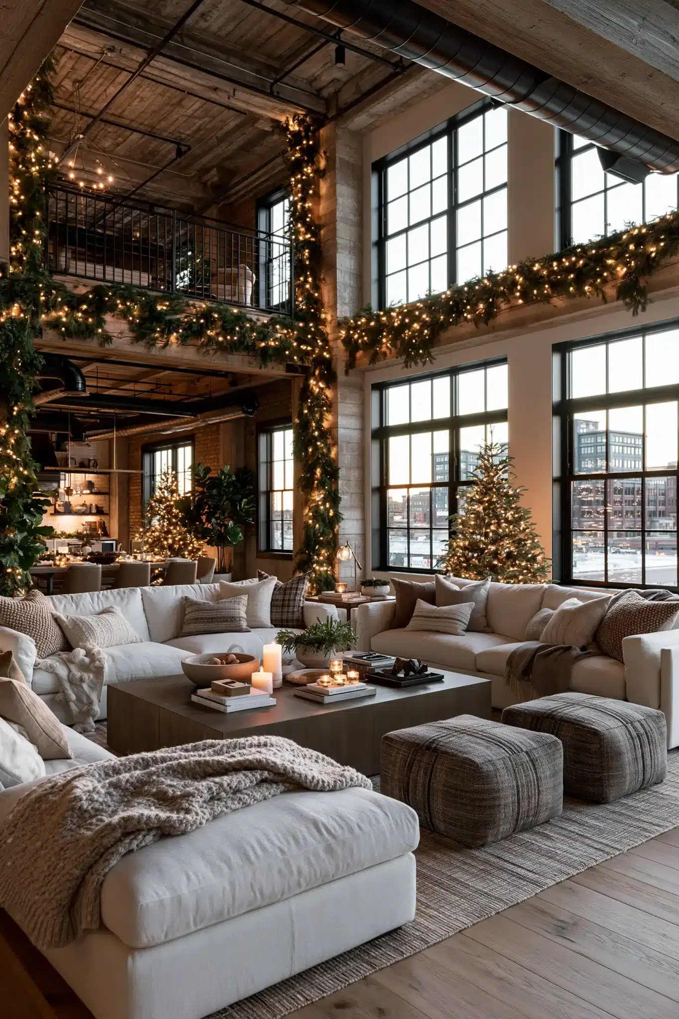 An open loft retreat decorated with cozy Christmas accents