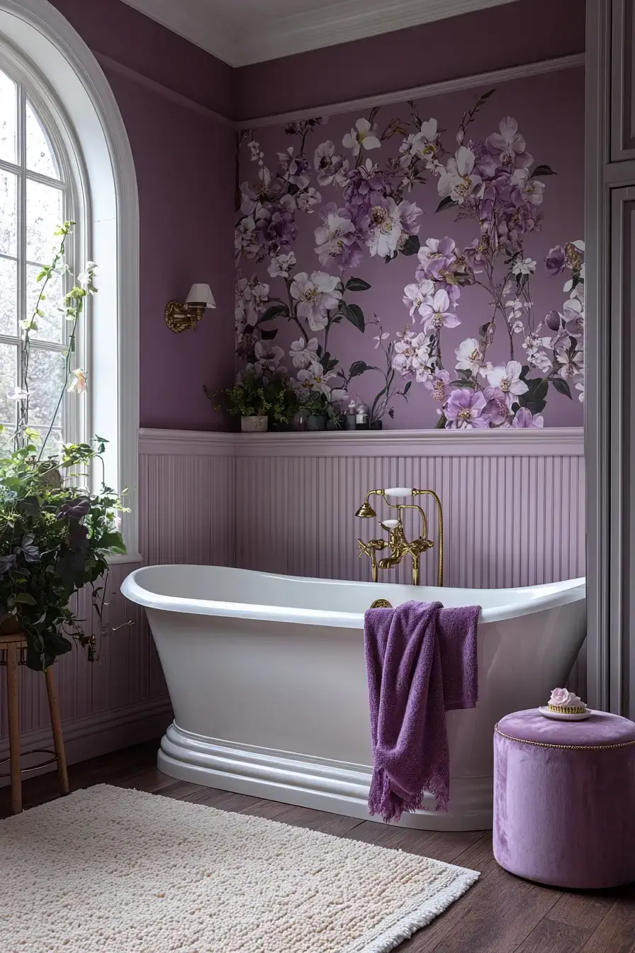An orchid-inspired bathroom with floral accents and creamy neutrals