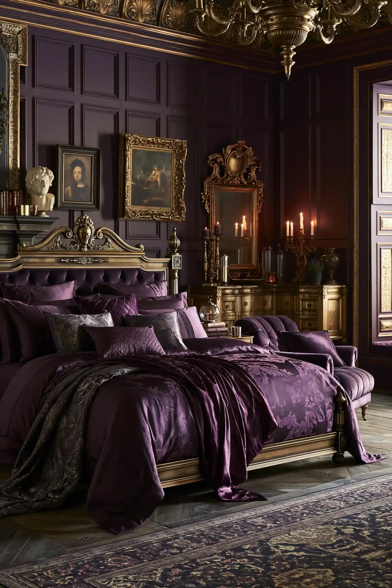 Purple gothic bedroom styled with orchid tones, antique furnishings, mirrors, and layered lighting.