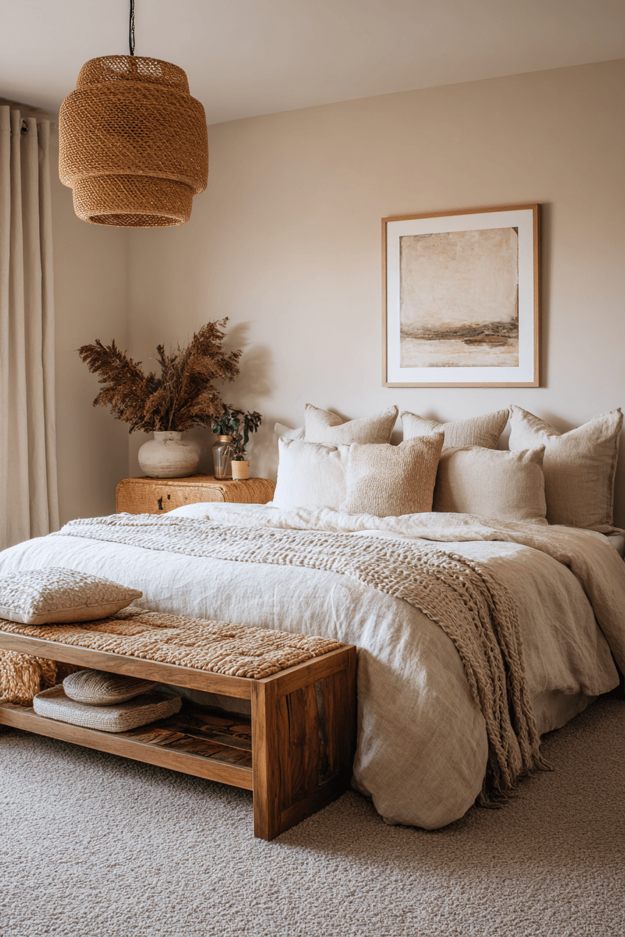 organic beige bedroom with natural layered materials
