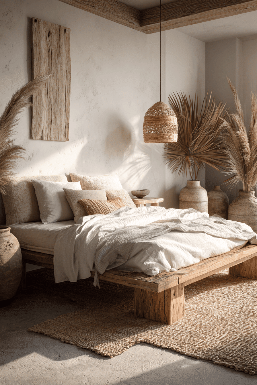A beachy bedroom styled with wood, stone, cotton, and greenery for a natural look.