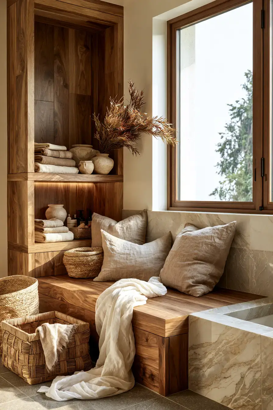 Cozy organic Japandi bathroom with wood, linen, woven textures, and stone