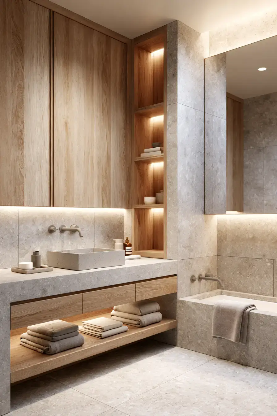 Organic luxe Japandi bathroom with wood, stone, and soft ambient lighting