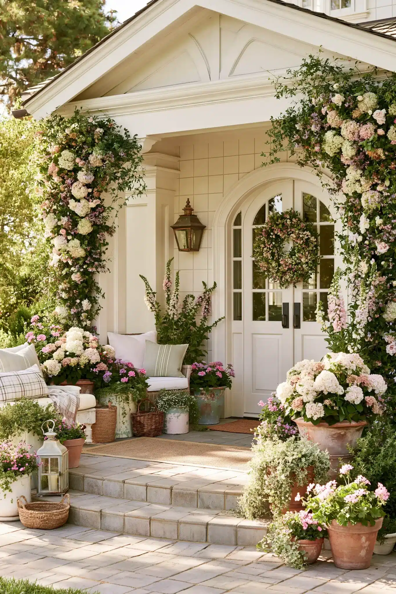 A cottage-style spring porch overflowing with layered flowers, baskets, and rustic planters.