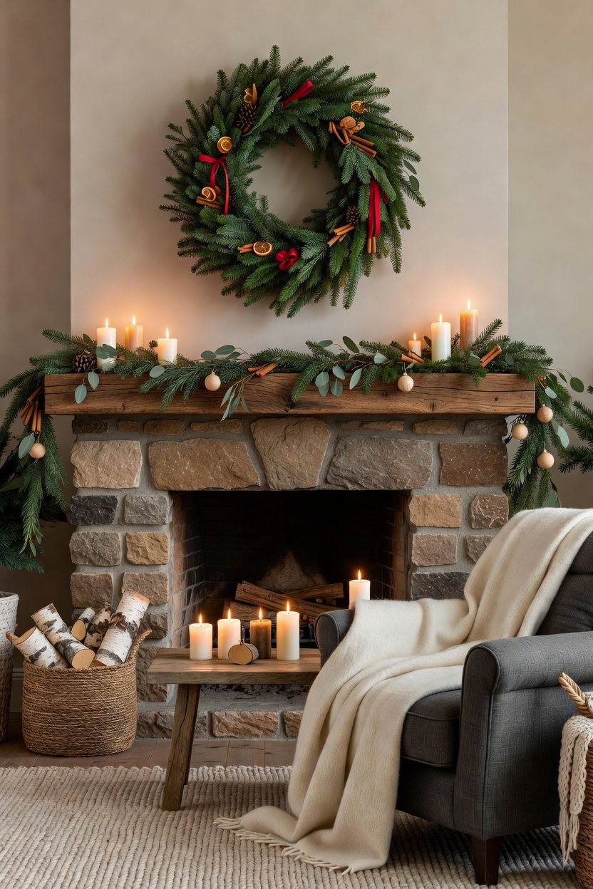 A Christmas fireplace mantel styled with an oversized evergreen wreath, candles, and soft holiday greenery