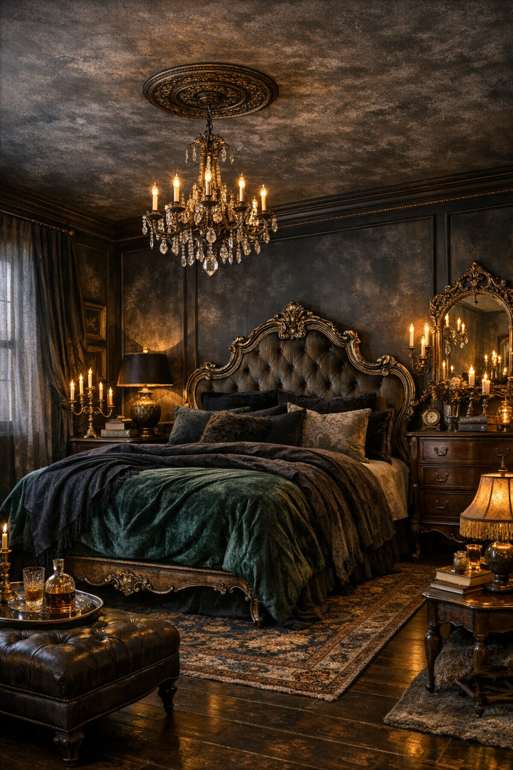 A gothic bedroom with a dramatic painted ceiling and moody styling