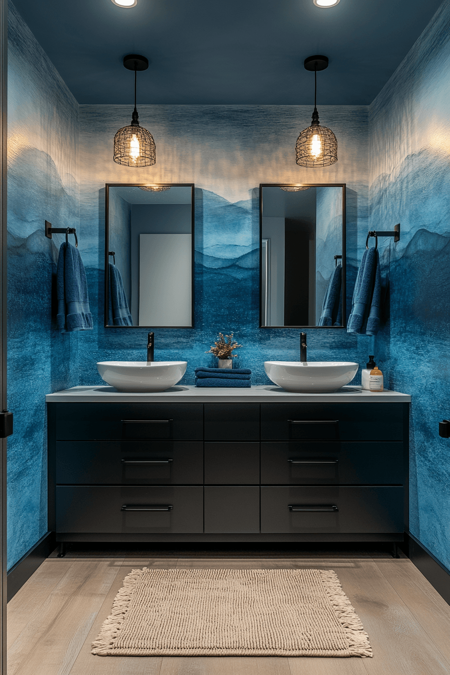 Ocean-inspired bathroom with painted gradient walls and minimal modern fixtures