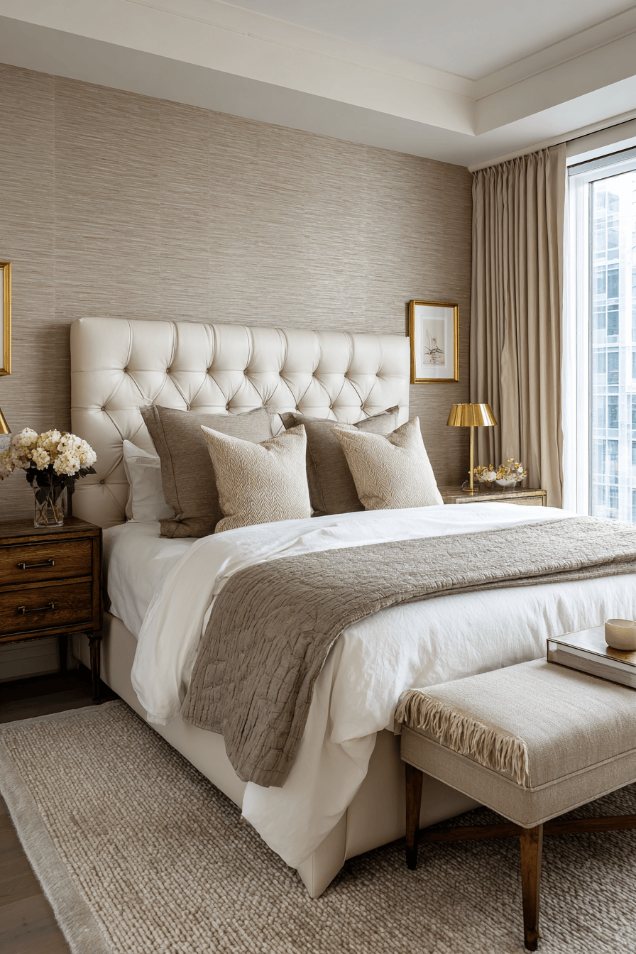 Taupe and cream bedroom with soft bedding, neutral walls, and warm metallic accents