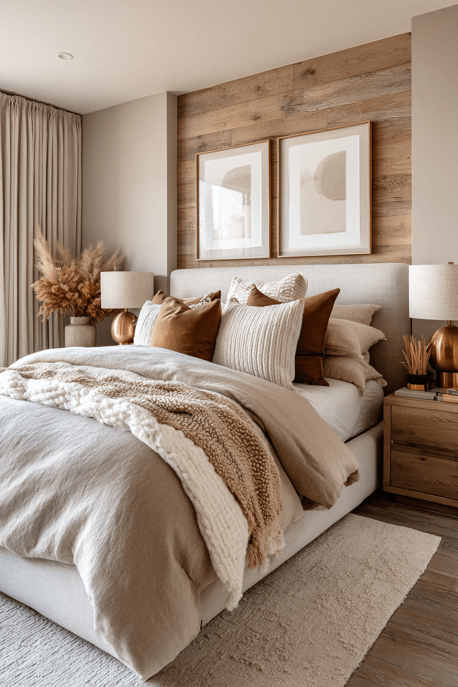 Warm taupe bedroom with natural wood furniture and soft layered bedding