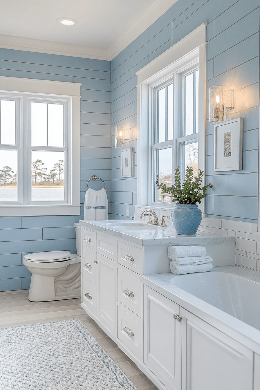 Pale blue coastal bathroom with natural wood and airy seaside style