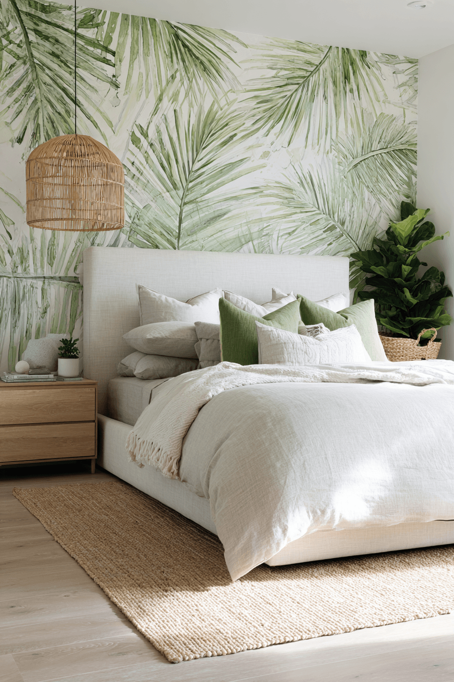 Beach theme bedroom with linen bedding, palm leaf accents, and rattan furniture