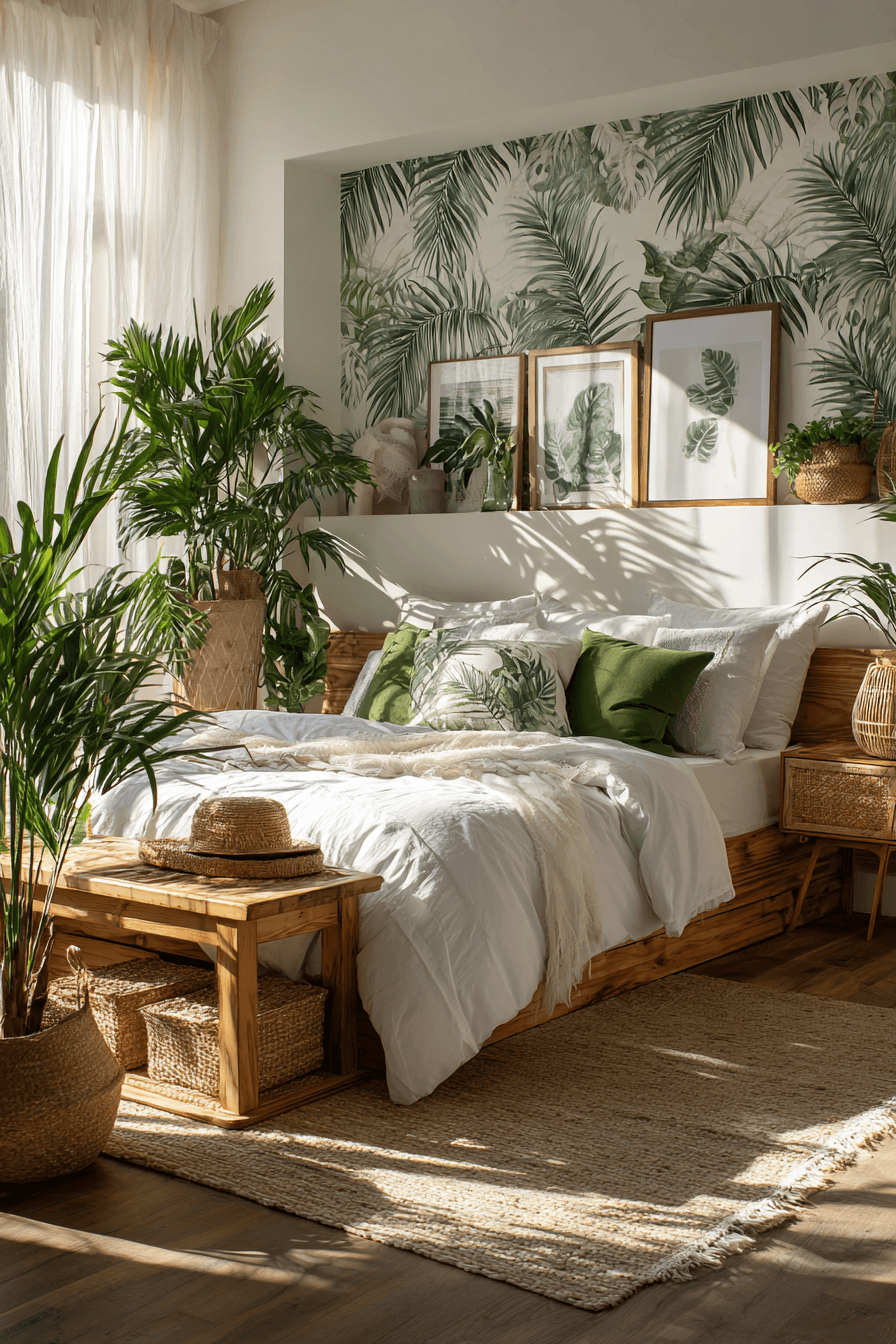 Coastal bedroom with palm leaf wallpaper neutral bedding and natural wood accents