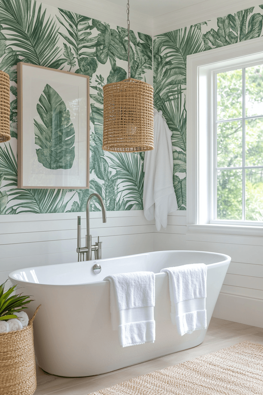 Modern coastal bathroom with palm print wallpaper and polished metallic accents