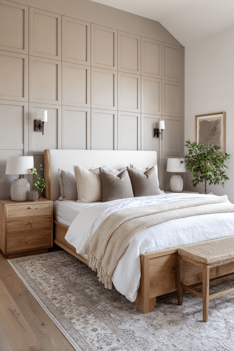 A bedroom with a paneled accent wall, warm neutral paint, and cozy bedding
