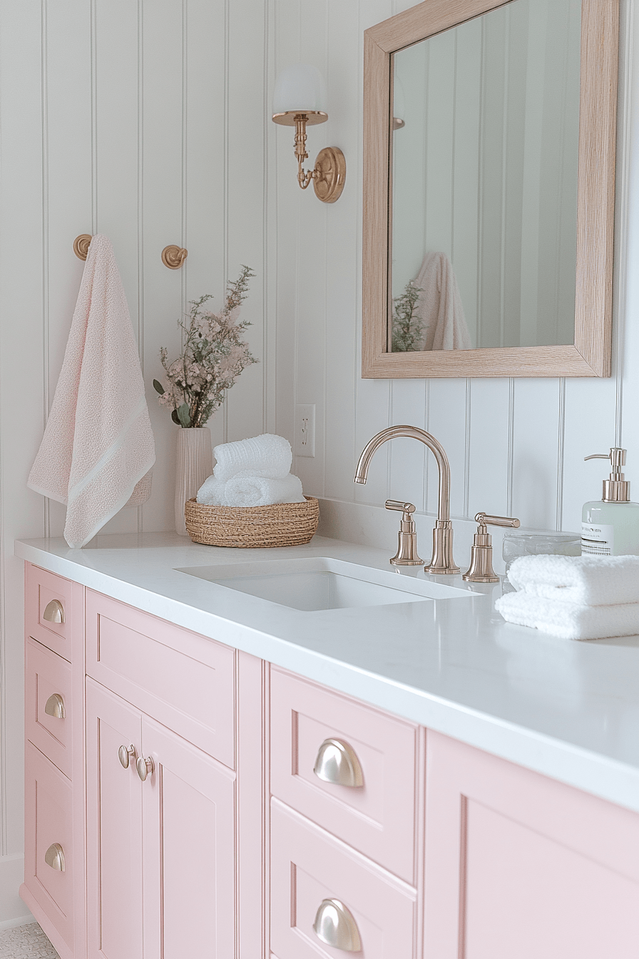 Pastel coastal bathroom with soft blush, mint, and seafoam accents