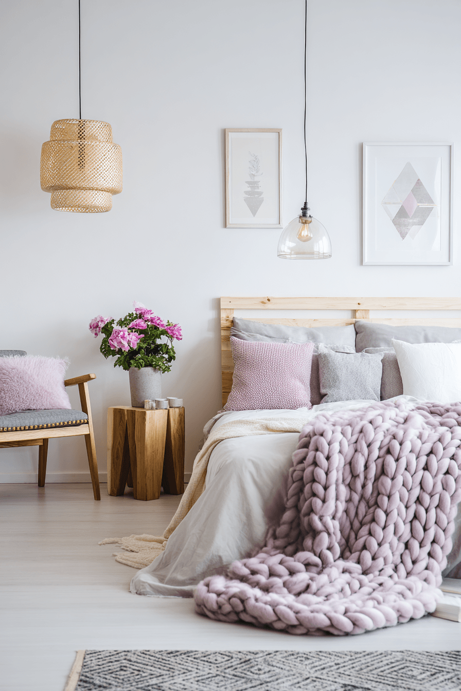 Scandinavian bedroom with pastel lilac tones, clean lines, and cozy textiles