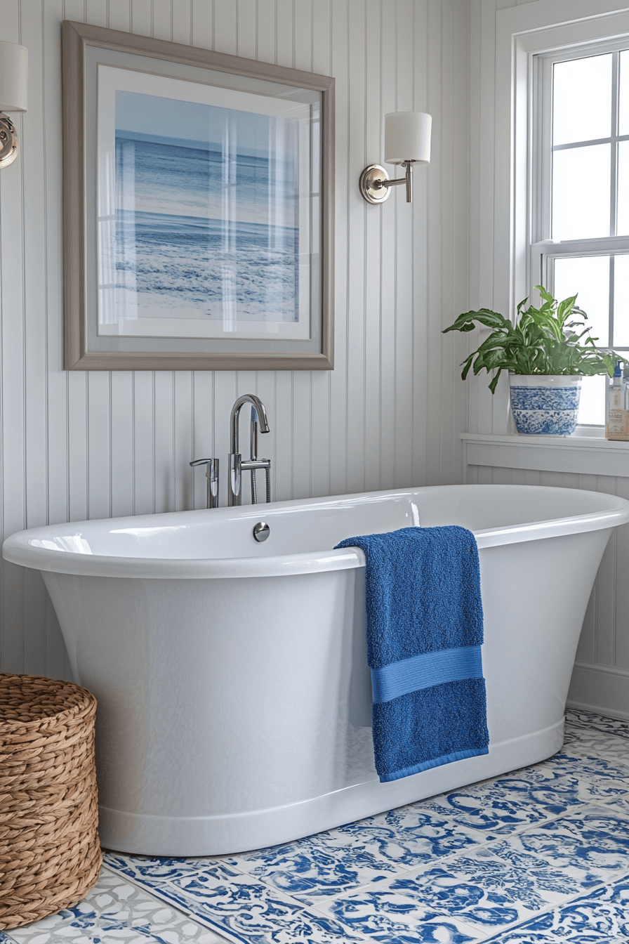 Coastal bathroom featuring patterned tile in soft blue and white tones