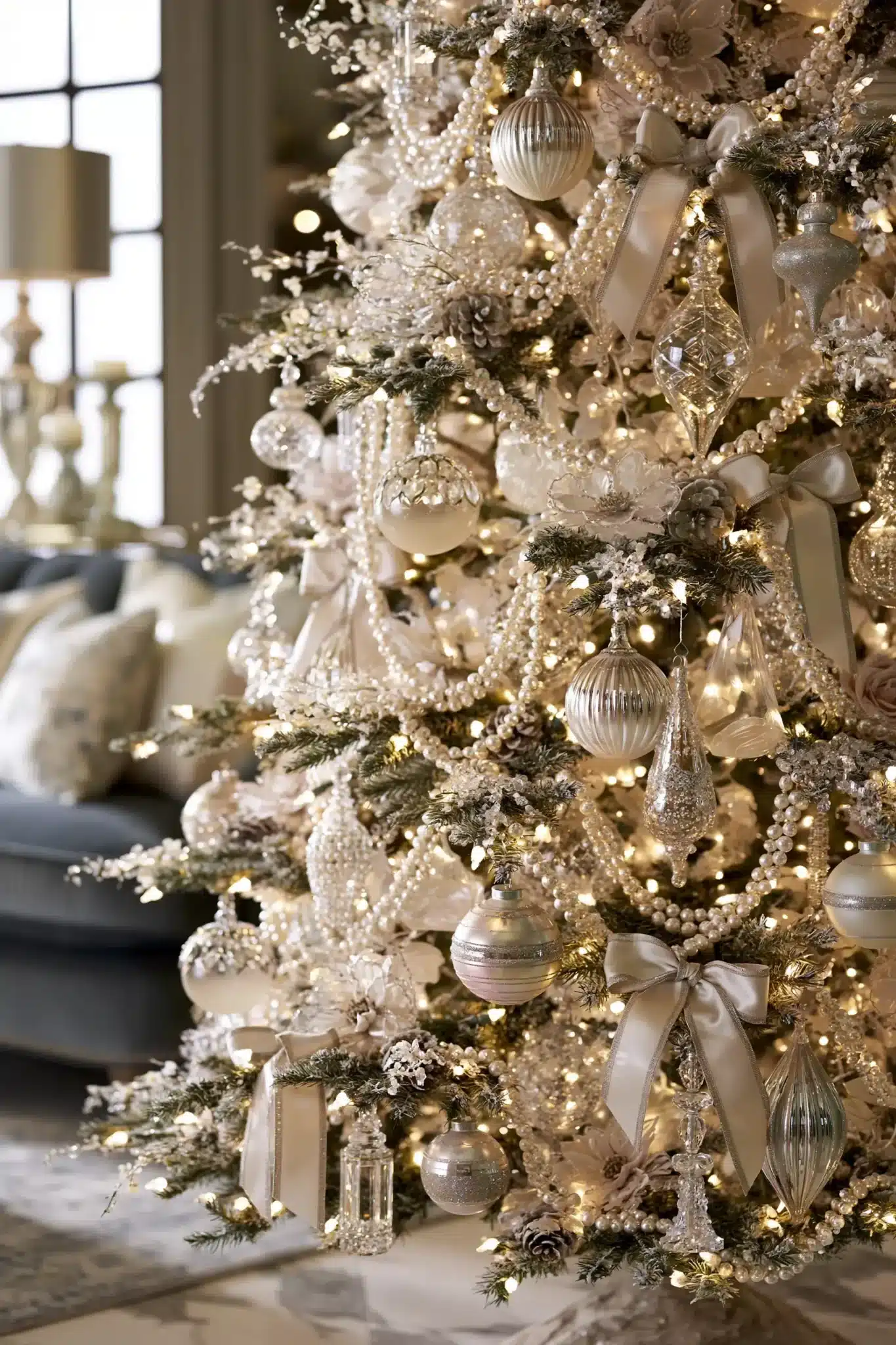 Pearl and crystal Christmas tree with satin ribbon and soft white lighting