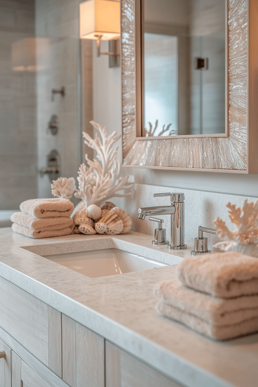 Elegant beach-inspired bathroom with pearl-toned tile, gold accents, and soft neutral styling