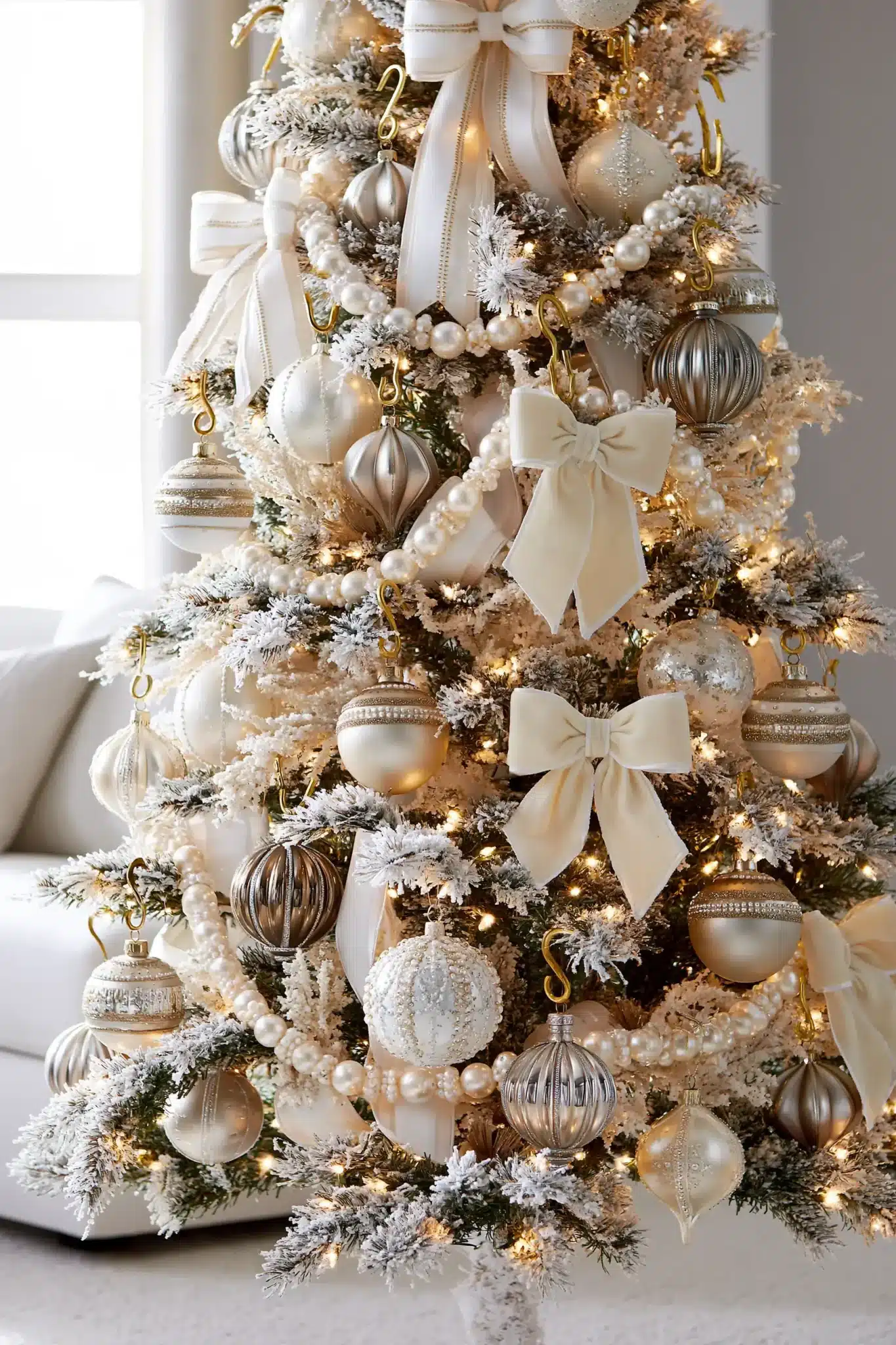 A Christmas display with pearl ornaments, white ribbon, soft lights, and gold details.