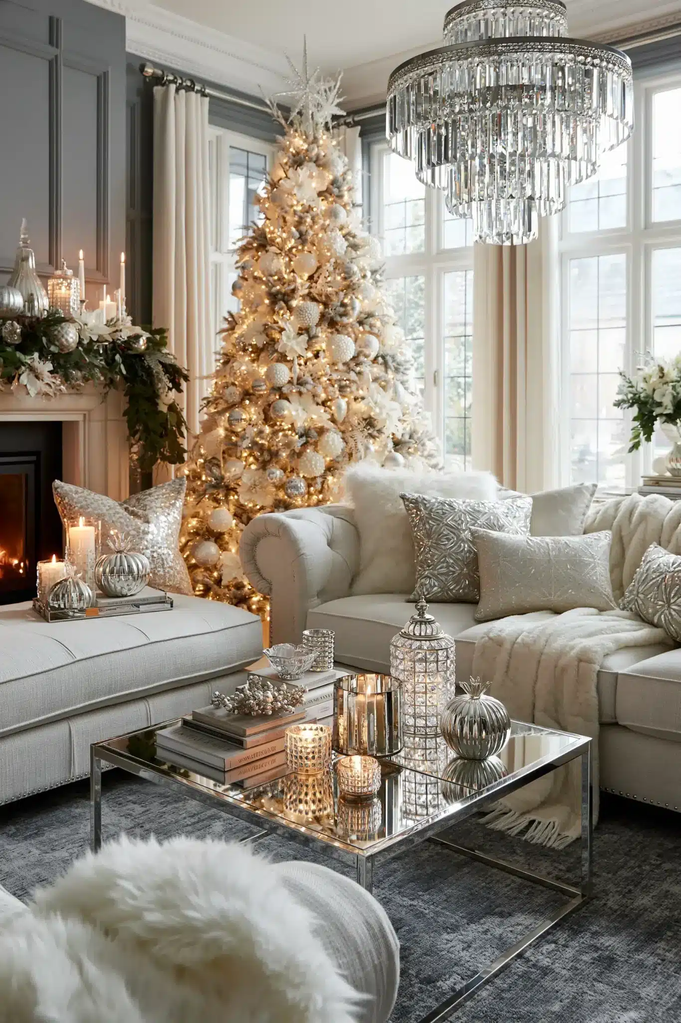 Pearl-inspired holiday room with shimmering ornaments, crystal accents, and white Christmas decor