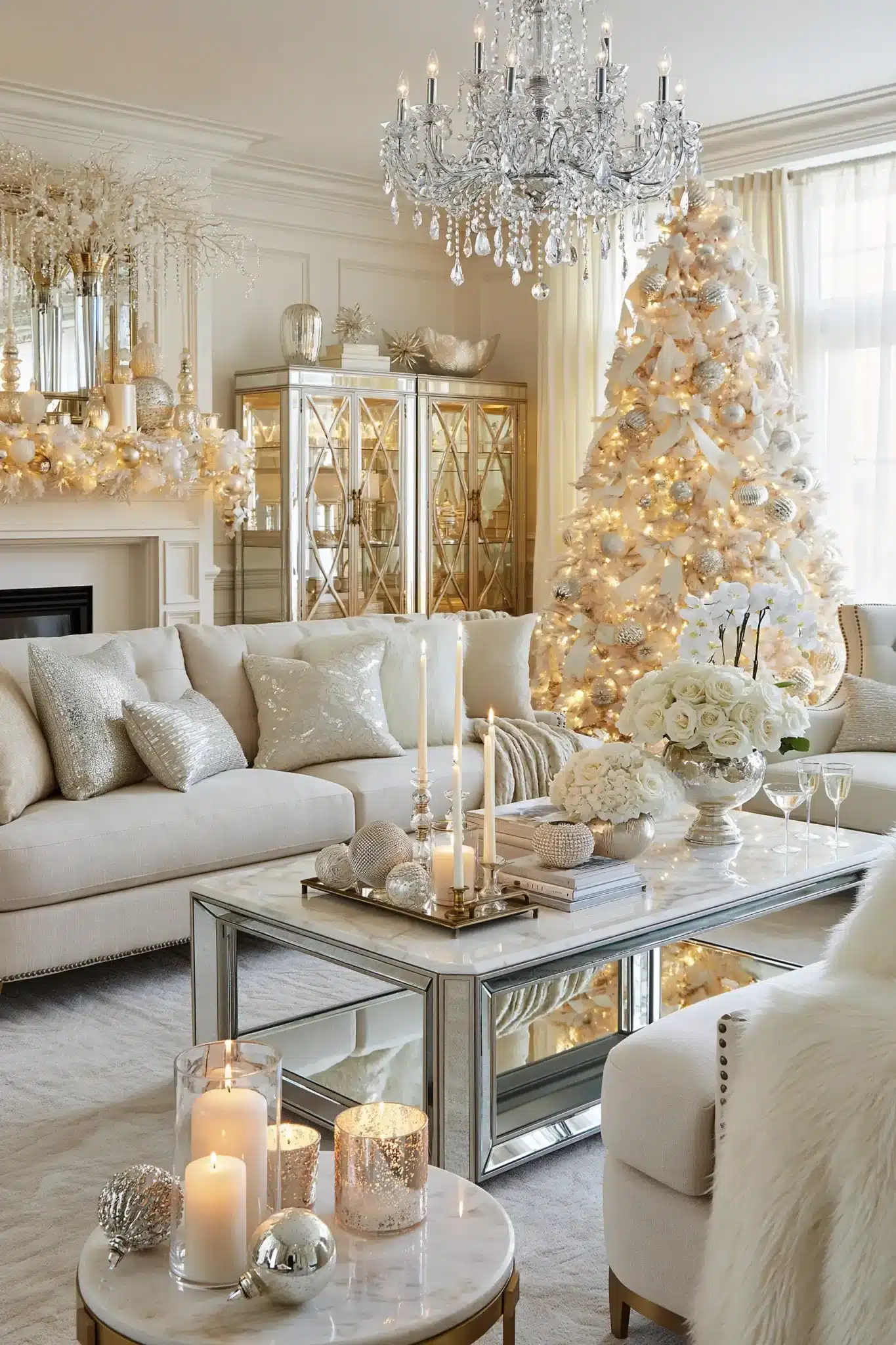 Glamorous pearl holiday decor with white Christmas accents, satin ribbon, crystal, and metallic shine