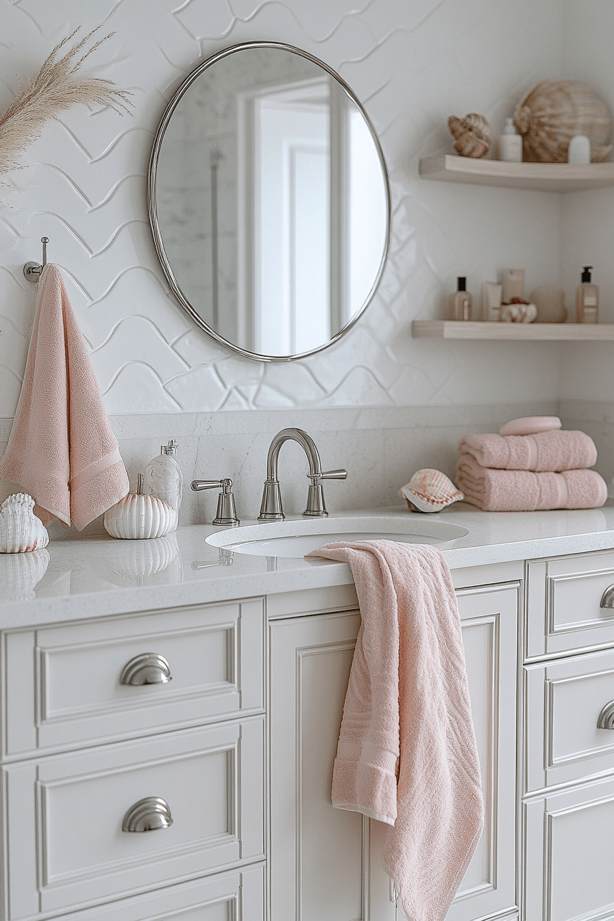 Modern coastal bathroom with pearly finishes and shell-inspired pastel details
